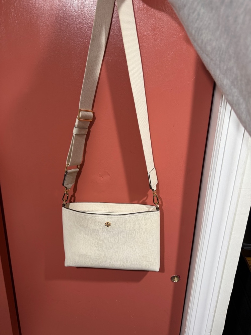 Tory Burch Cream Pebbled Leather Crossbody with Adjustable Strap